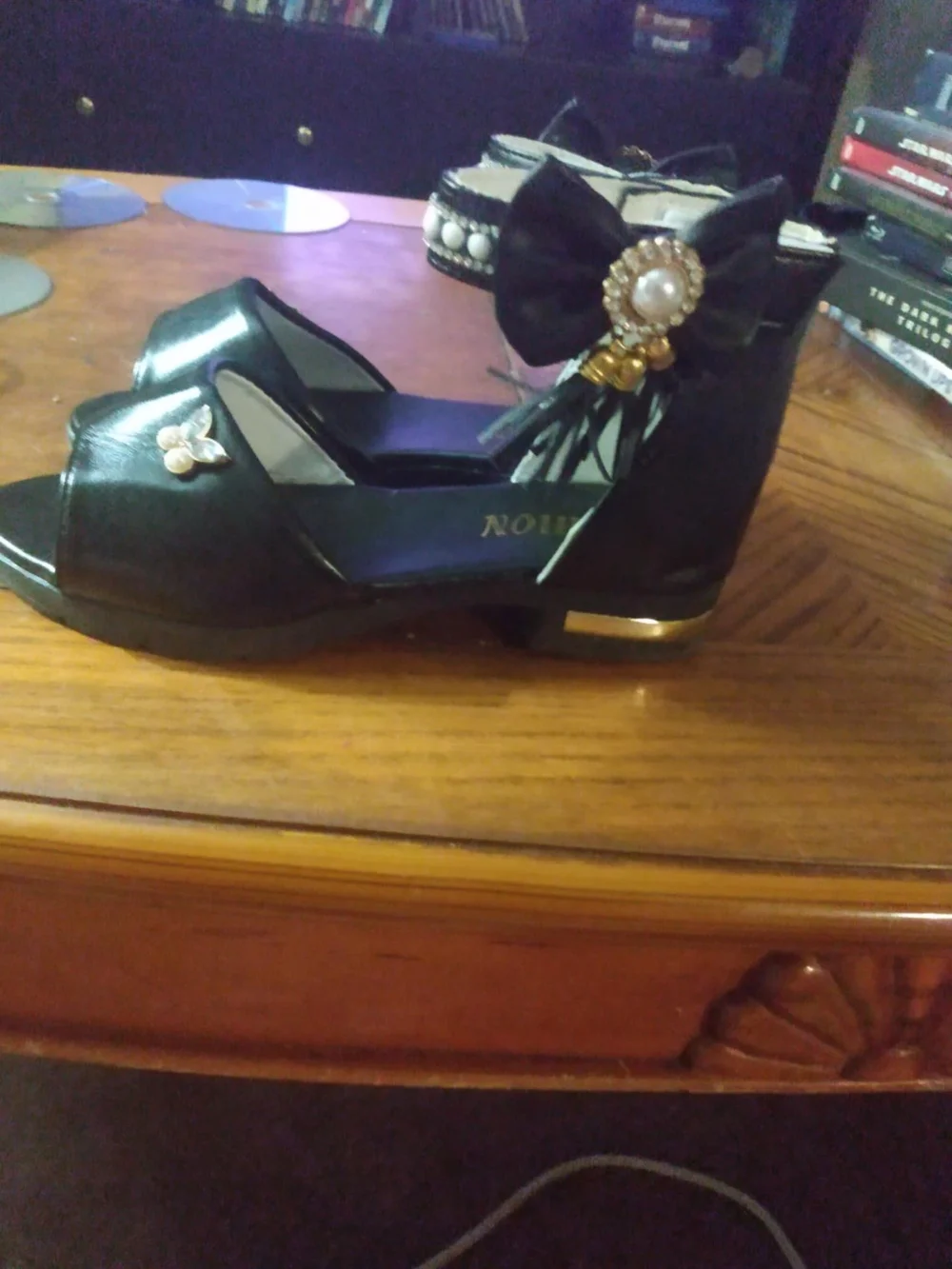 Black Embellished Bow Open-Toe Girls Sandals